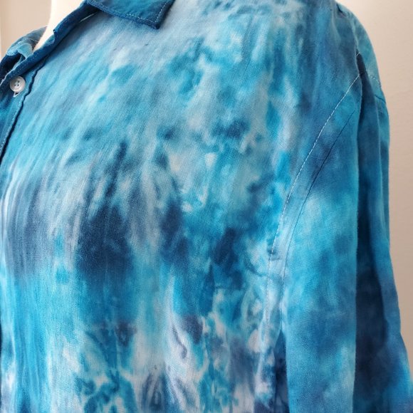 Painted tie dyed short sleeve linen Shirt beach white blue medium large XL navy - Picture 4 of 12